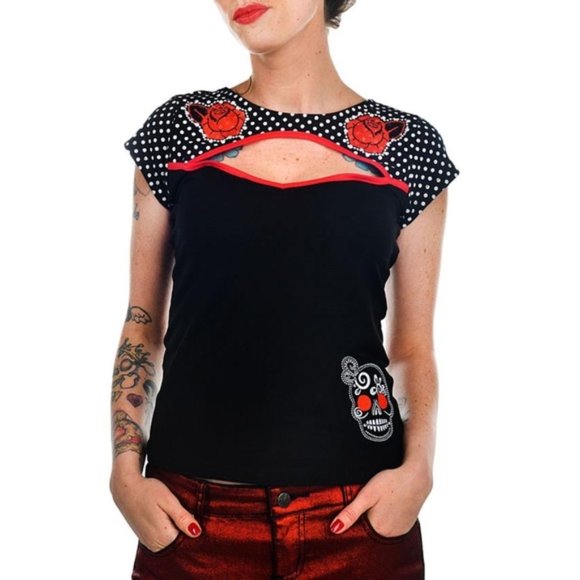 Too Fast Tops - NEW Skull & Roses Peek-A-Boo Sweetheart Top Tee S